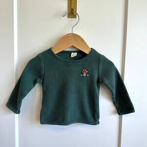 Hand Embroidered Teal Ribbed Mushroom Top - 6-12 Months